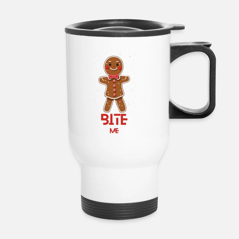 Weihnachten, Gigerbrot-Männchen-Design: ''Beiß mich'' - Thermobecher mit Tragegriff - Weiß
