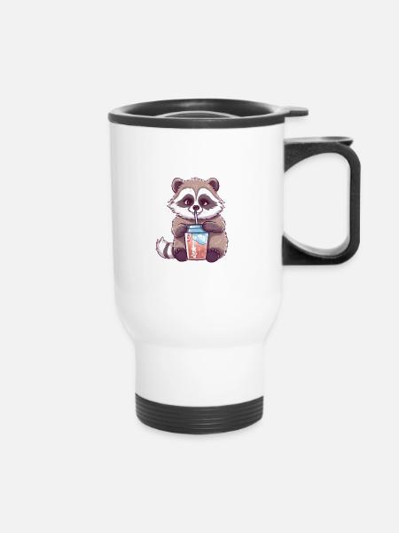 Waschbär mit Eiskaffee - Thermobecher mit Tragegriff - Weiß