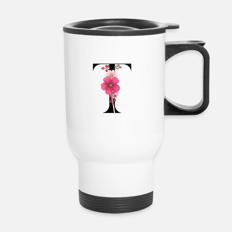 Eleganter Buchstabe 'T' mit Blumen - Thermobecher mit Tragegriff - Weiß
