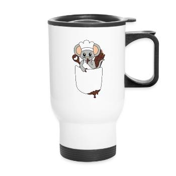 Mouse in breast pocket nibbling chocolate - Thermal mug with handle - white - Front