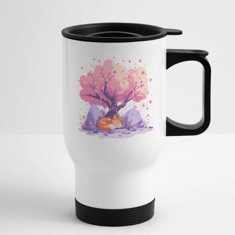 Sleeping fox under cherry tree Thermal mug with handle