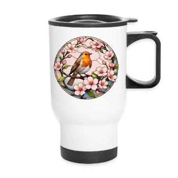 Robin with cherry blossoms spring motif - Thermal mug with handle - white - Front