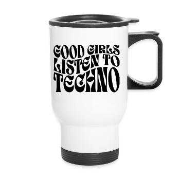 Mädchen hören Techno-Musik - Thermobecher mit Tragegriff - Weiß - Vorne