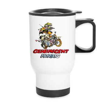 Geheimagent Morris mit Team und Motorrad - Thermobecher mit Tragegriff - Weiß - Vorne