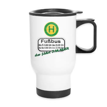 Fußbus- Der fährt immer - Spruch - Thermobecher mit Tragegriff - Weiß - Vorne