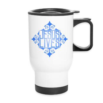Jesus-Lives, Jesus Christus Spruch, Christlich - Thermobecher mit Tragegriff - Weiß - Vorne