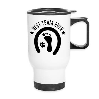 BEST TEAM EVER - Mensch Hund Pferd Team - Thermobecher mit Tragegriff - Weiß - Vorne