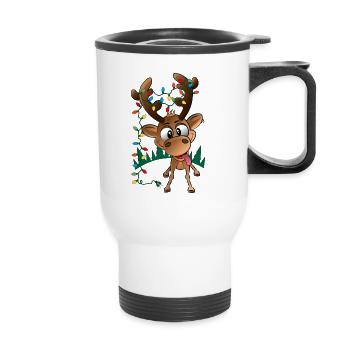 Weihnachtsrentier Rudolph mit LED-Leuchten - Thermobecher mit Tragegriff - Weiß - Vorne