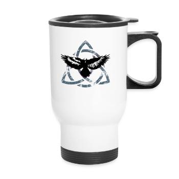 Silhouette des keltischen Rabenhintergrundsymbols Triquetra - Thermobecher mit Tragegriff - Weiß - Vorne