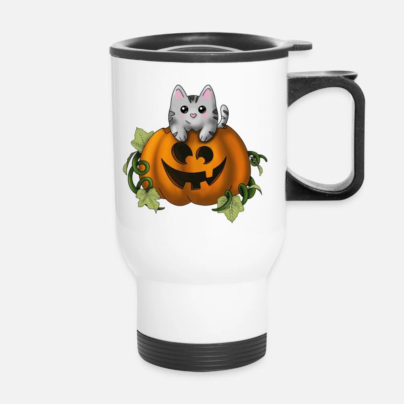 Cute cat in pumpkin - Thermal mug with handle - white