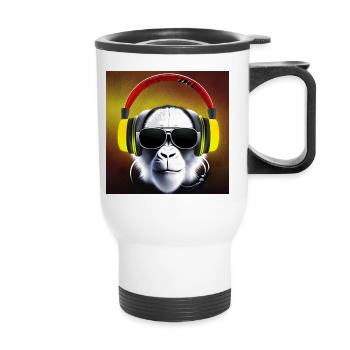 Monkey with headphones - Thermal mug with handle - white - Front