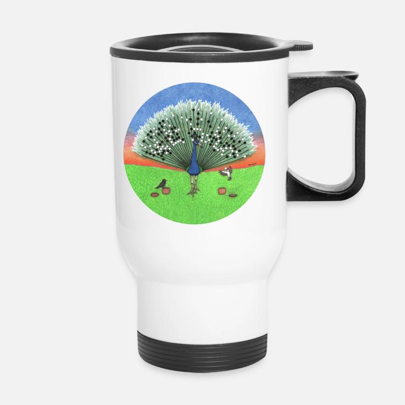 Two Birds Play Go on the Feathers of a Peacock - Thermal mug with handle - white