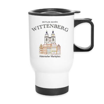 Wittenberg, kultiger Marktplatz, Weltkulturerbe - Thermobecher mit Tragegriff - Weiß - Vorne