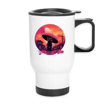 Synthwave japan Cat with umbrella - Thermobecher mit Tragegriff - Weiß - Vorne