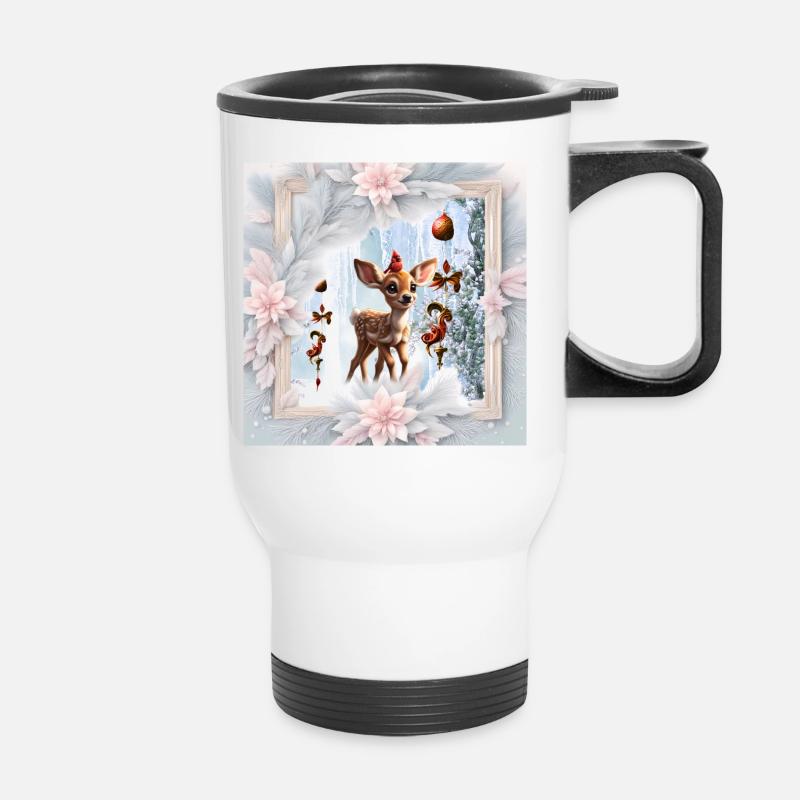 Niedliches Rehkitz mit Vogel - Thermobecher mit Tragegriff - Weiß