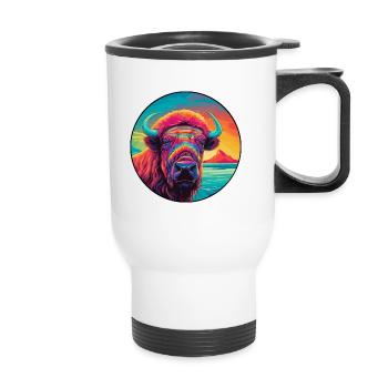 Buffalo Colorful Watercolor Cartoon Kawaii Animal - Thermal mug with handle - white - Front