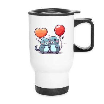 Sceaux kawaii dessin animé animal de compagnie jouant avec des ballons - Tasse isotherme avec poignée - blanc - Devant