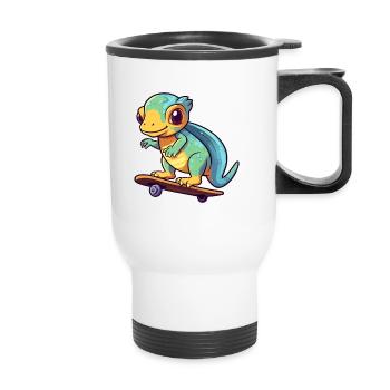 Drôle Caméléon Kawaii Cartoon Jouer Skateboard - Tasse isotherme avec poignée - blanc - Devant