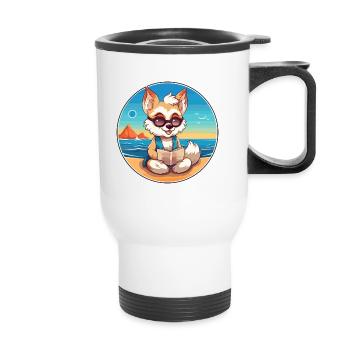 Wolf niedlicher lustiger Cartoon Kawaii Buchstrand - Thermobecher mit Tragegriff - Weiß - Vorne