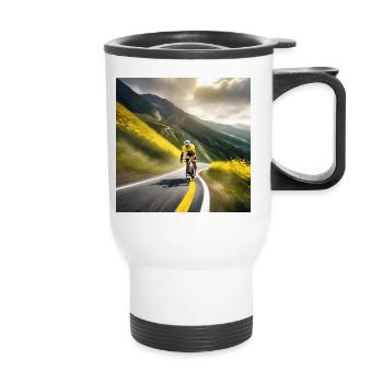 À la poursuite du sommet : la quête d'un maillot jaune - Tasse isotherme avec poignée - blanc - Devant