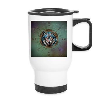 Fantastischer Steampunk-Wolf. - Thermobecher mit Tragegriff - Weiß - Vorne