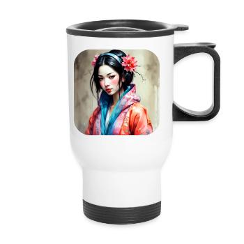 Cooles Anime Manga Mädchen im Geisha Style - Thermobecher mit Tragegriff - Weiß - Vorne