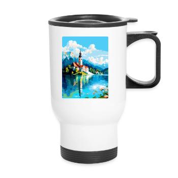 Lac de Bled, Slovénie, Affiche de voyage vintage, Souvenir - Tasse isotherme avec poignée - blanc - Devant