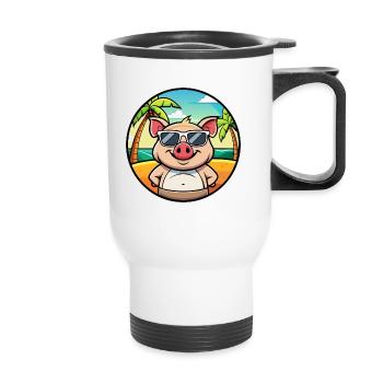 Schwein lustige Cartoon Sommer Strand Sonnenbrille Aufkleber - Thermobecher mit Tragegriff - Weiß - Vorne