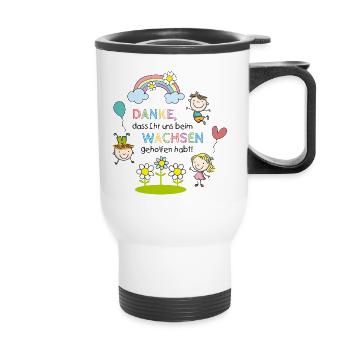 Spruch Abschied | Kinder - Regenbogen - Blumen  - Thermobecher mit Tragegriff - Weiß - Vorne