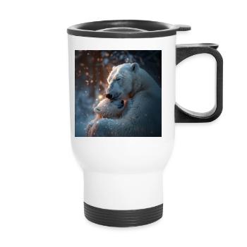 Une mère ours polaire fait des câlins à son enfant - Tasse isotherme avec poignée - blanc - Devant