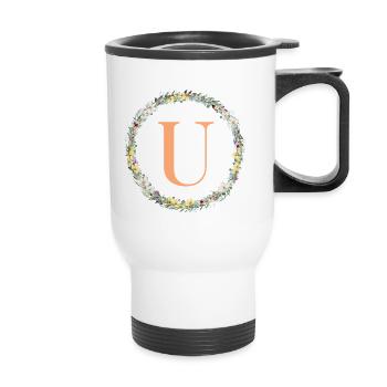 U Monogram, Couronne de fleurs, Personnalisable - Tasse isotherme avec poignée - blanc - Devant