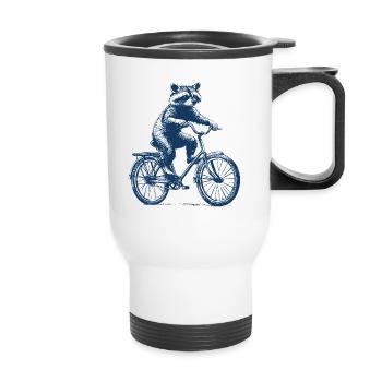 Waschbär fährt Fahrrad - Thermobecher mit Tragegriff - Weiß - Vorne