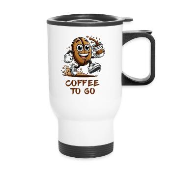 Coffee to Go – Fröhliche Kaffeebohne - Thermobecher mit Tragegriff - Weiß - Vorne
