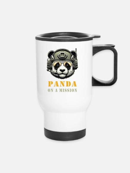 Panda in Mission / Militär - Thermobecher mit Tragegriff - Weiß