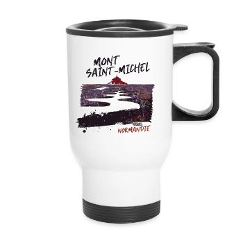Mont Saint-Michel, Sonnenuntergang, Normandie - Thermobecher mit Tragegriff - Weiß - Vorne