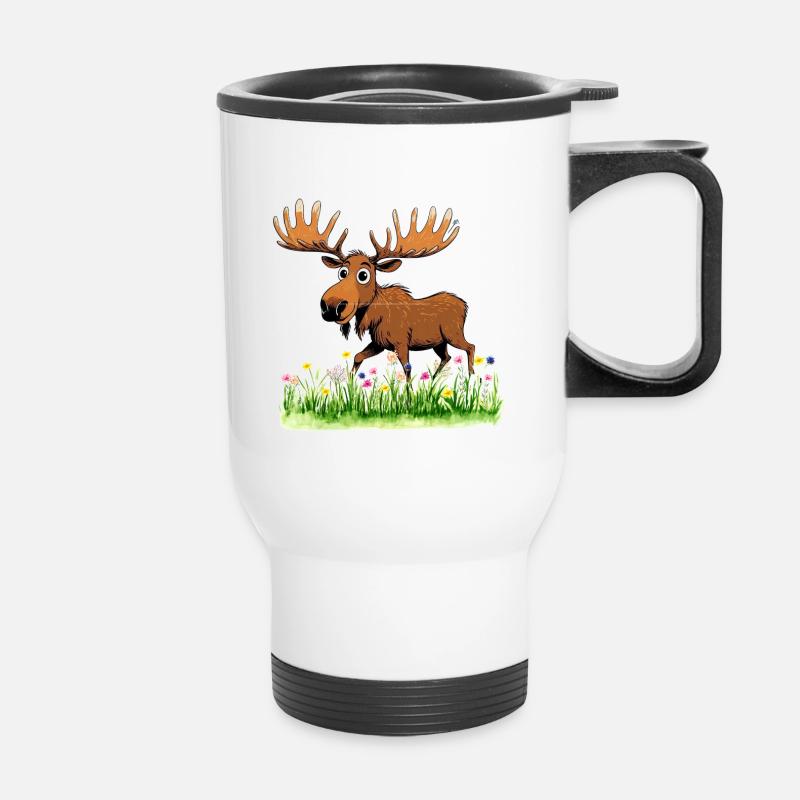 Whimsical Moose in Spring Meadow - Thermal mug with handle - white