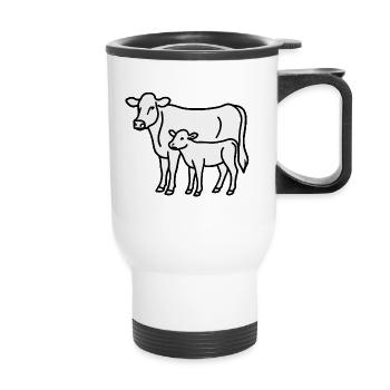 Kuh und Kalb – Minimalistische Linienkunst lineart - Thermobecher mit Tragegriff - Weiß - Vorne