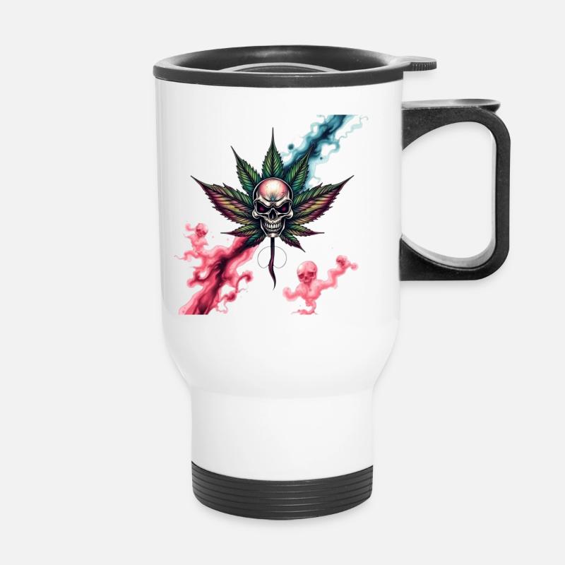 Skull mit farbigem Cannabisblatt - Thermobecher mit Tragegriff - Weiß