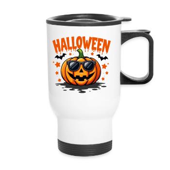 Halloween Kürbis mit Sonnenbrille - Thermobecher mit Tragegriff - Weiß - Vorne