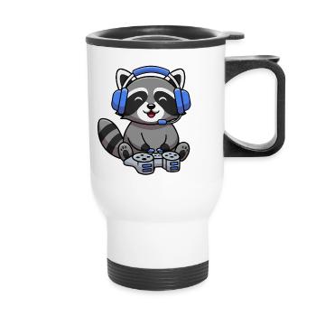 Raccoon playing games - Thermal mug with handle - white - Front