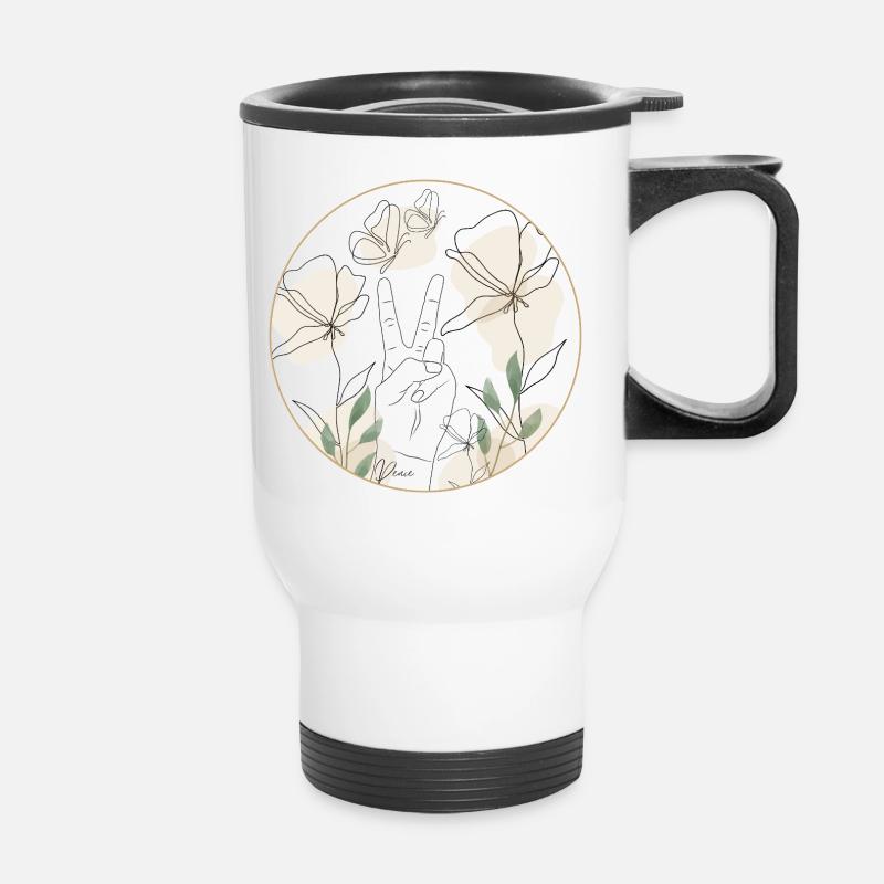 Peace - Hand and Blossoms - Line Art - peace - Thermal mug with handle - white