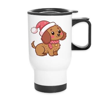 Kawaii Weihnachtshund mit rotem Hut - Thermobecher mit Tragegriff - Weiß - Vorne