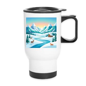Paysages alpins d’hiver avec cerfs et huttes - Tasse isotherme avec poignée - blanc - Devant