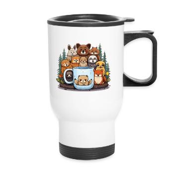 Forest animals around cups - Thermal mug with handle - white - Front