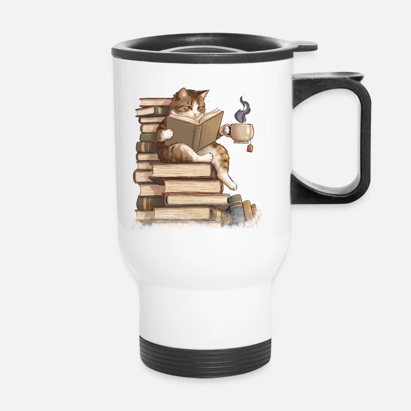 Cat reading books - Thermal mug with handle - white