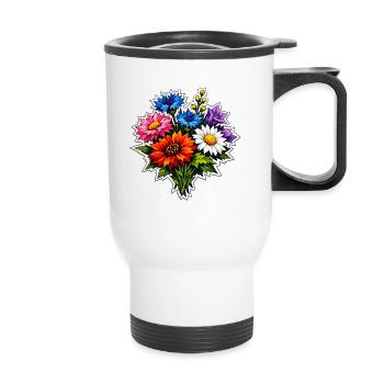Buntes Dahlienbouquet - Thermobecher mit Tragegriff - Weiß - Vorne