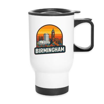 Vintage Birmingham Skyline Retro Sonnenuntergangsdesign - Thermobecher mit Tragegriff - Weiß - Vorne