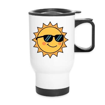 Fröhlich strahlende Sonne mit Sonnenbrille - Thermobecher mit Tragegriff - Weiß - Vorne