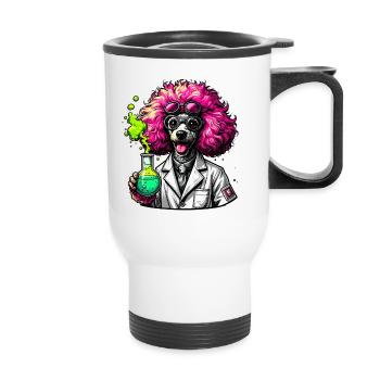 Dog as a chemist in a pink lab coat - Thermal mug with handle - white - Front