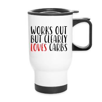 Works Out But Clearly Loves Carbs - Thermal mug with handle - white - Front